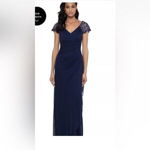 Xscape Navy Maxi Dress with Lace Sleeves